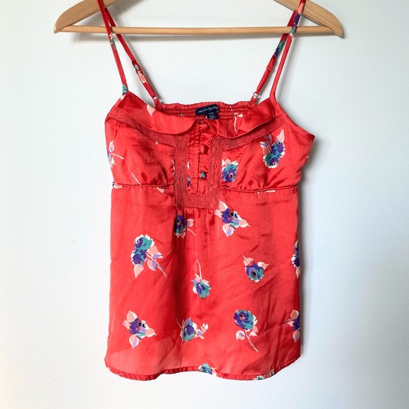 Red American Eagle Floral Silk Baby Doll Cami